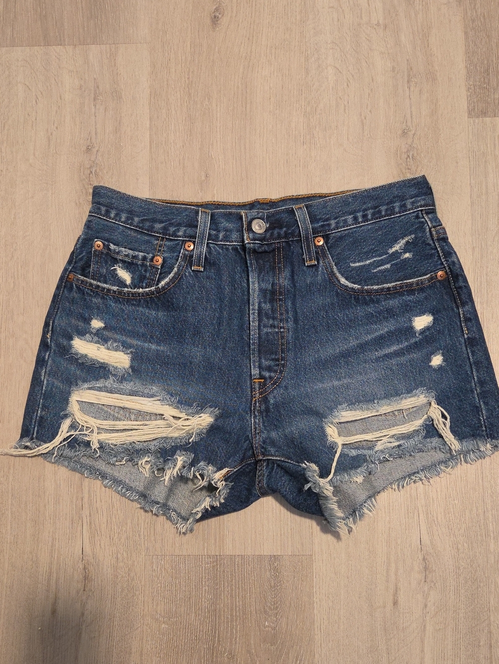 Levi's Distressed Dark Blue Jean Shorts with Frayed Hem